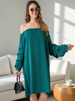 Plus Size^Royalfashion Gładka damska sukienka a'la hiszpanka z falbankami zielony