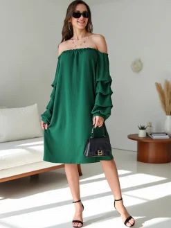 Plus Size^Royalfashion Gładka damska sukienka a'la hiszpanka z falbankami zielony