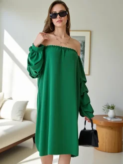 Plus Size^Royalfashion Gładka damska sukienka a'la hiszpanka z falbankami zielony