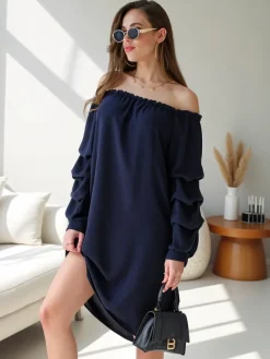 Plus Size^Royalfashion Gładka damska sukienka a'la hiszpanka z falbankami Granatowy