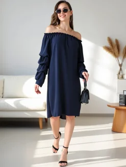 Plus Size^Royalfashion Gładka damska sukienka a'la hiszpanka z falbankami Granatowy