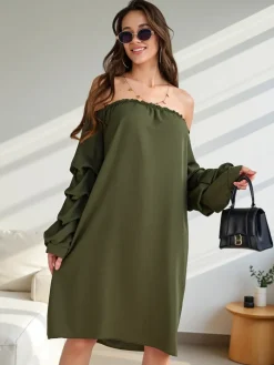 Plus Size^Royalfashion Gładka damska sukienka a'la hiszpanka z falbankami zielony