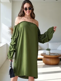 Plus Size^Royalfashion Gładka damska sukienka a'la hiszpanka z falbankami zielony