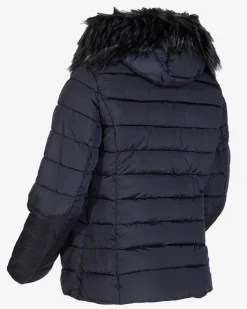 Kurtki / Marynarki / Płaszcze^Royalfashion Granatowa damska kurtka pikowana z kapturem i futerkiem Granatowy