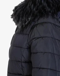 Kurtki / Marynarki / Płaszcze^Royalfashion Granatowa damska kurtka pikowana z kapturem i futerkiem Granatowy