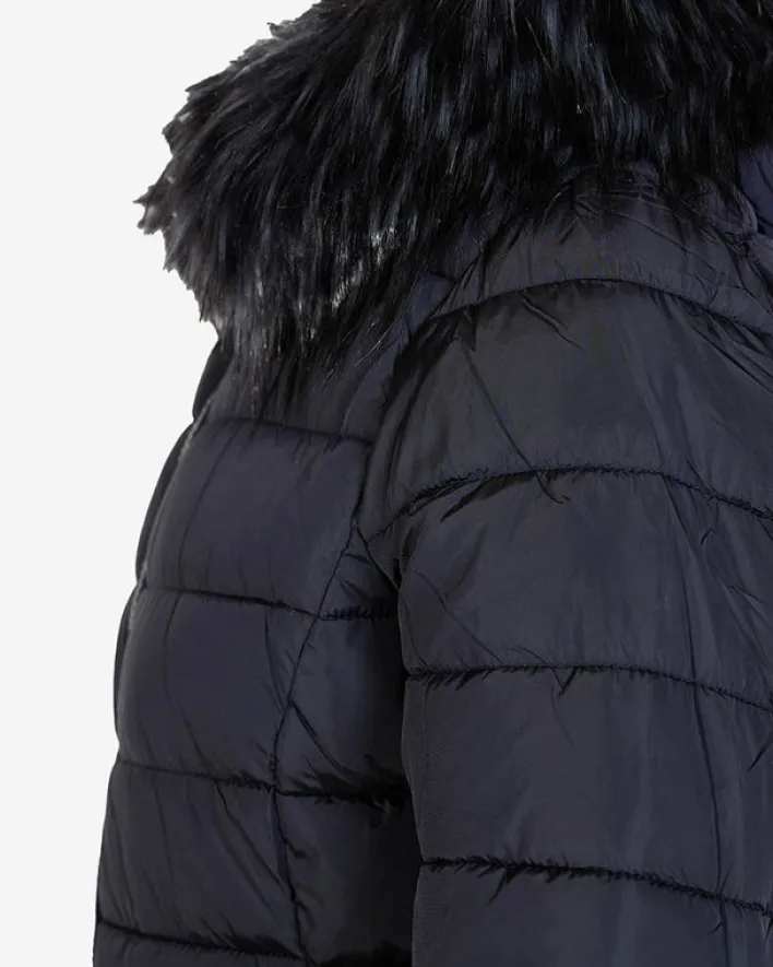 Kurtki / Marynarki / Płaszcze^Royalfashion Granatowa damska kurtka pikowana z kapturem i futerkiem Granatowy