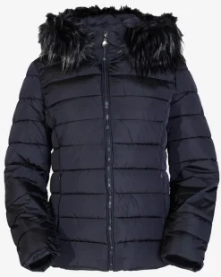 Kurtki / Marynarki / Płaszcze^Royalfashion Granatowa damska kurtka pikowana z kapturem i futerkiem Granatowy