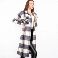 Bluzki / Koszule / Koszulki^Royalfashion Granatowa długa koszula damska w kratę Granatowy