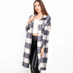 Bluzki / Koszule / Koszulki^Royalfashion Granatowa długa koszula damska w kratę Granatowy