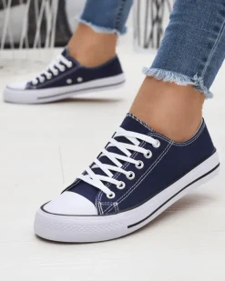 Trampki^Royalfashion Granatowe damskie klasyczne sznurowane trampki Ogisa Granatowy