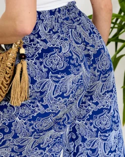 Spodnie Materiałowe^Royalfashion Granatowe damskie spodnie materiałowe z printem Granatowy