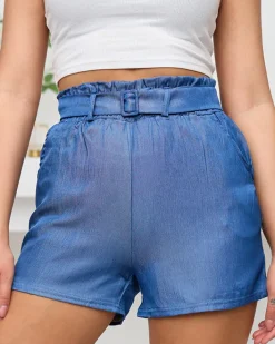 Szorty|Krótkie Spodenki^Royalfashion Granatowe damskie krótkie spodenki a'la jeans z paskiem Granatowy