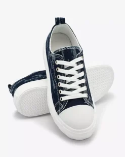 Trampki^Royalfashion Granatowe damskie jeansowe trampki z przetarciami Nerolera Granatowy