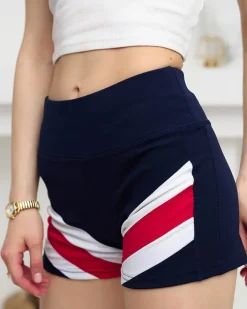 Szorty|Krótkie Spodenki^Royalfashion Granatowe krótkie spodenki z kolorową wstawką Granatowy