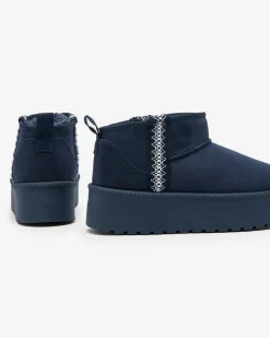 Śniegowce^Royalfashion Granatowe krótkie damskie buty a'la śniegowce z ozdobą Terita