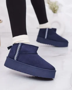 Śniegowce^Royalfashion Granatowe krótkie damskie buty a'la śniegowce z ozdobą Terita