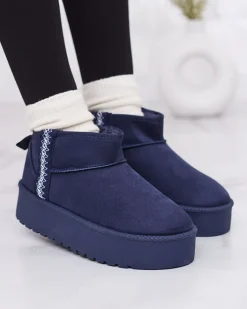 Śniegowce^Royalfashion Granatowe krótkie damskie buty a'la śniegowce z ozdobą Terita