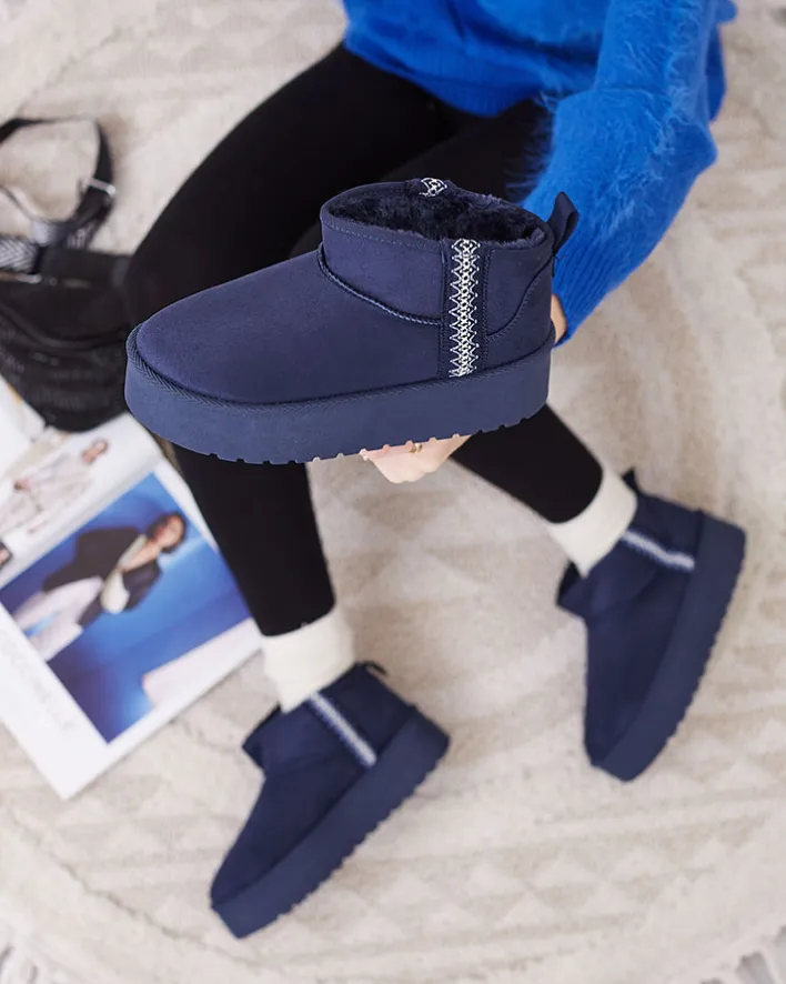 Śniegowce^Royalfashion Granatowe krótkie damskie buty a'la śniegowce z ozdobą Terita