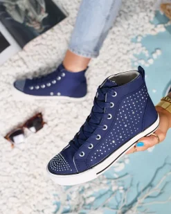 Trampki^Royalfashion Granatowe wysokie trampki z cyrkoniami Totulu Granatowy