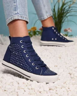 Trampki^Royalfashion Granatowe wysokie trampki z cyrkoniami Totulu Granatowy