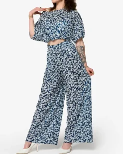 Komplety Damskie^Royalfashion damski plisowany komplet w kwiatki Granatowy