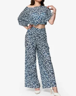 Komplety Damskie^Royalfashion damski plisowany komplet w kwiatki Granatowy