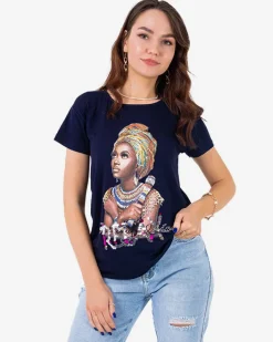 Bluzki / Koszule / Koszulki^Royalfashion damski t-shirt z kolorowym printem i cekinami Granatowy