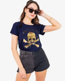 Bluzki / Koszule / Koszulki^Royalfashion damski t-shirt z cekinami i napisami Granatowy