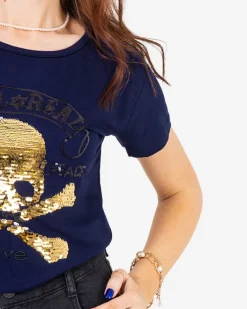 Bluzki / Koszule / Koszulki^Royalfashion damski t-shirt z cekinami i napisami Granatowy