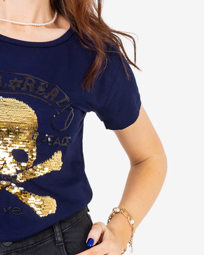 Bluzki / Koszule / Koszulki^Royalfashion damski t-shirt z cekinami i napisami Granatowy