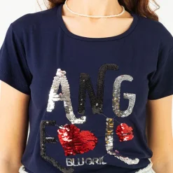 Bluzki / Koszule / Koszulki^Royalfashion damski t-shirt z napisem z cekinów Granatowy