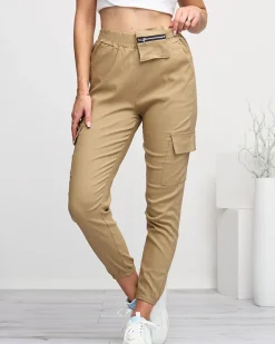 Spodnie Cargo^Royalfashion Jasnobrązowe damskie spodnie typu bojówki z odpinaną kieszenią jasny brązowy