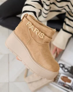 Śniegowce^Royalfashion Jasnobrązowe damskie buty a'la śniegowce z ozdobą Parisela brązowy