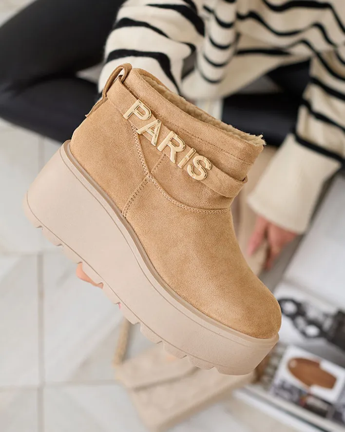 Śniegowce^Royalfashion Jasnobrązowe damskie buty a'la śniegowce z ozdobą Parisela brązowy