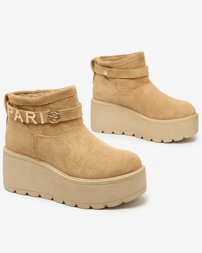 Śniegowce^Royalfashion Jasnobrązowe damskie buty a'la śniegowce z ozdobą Parisela brązowy