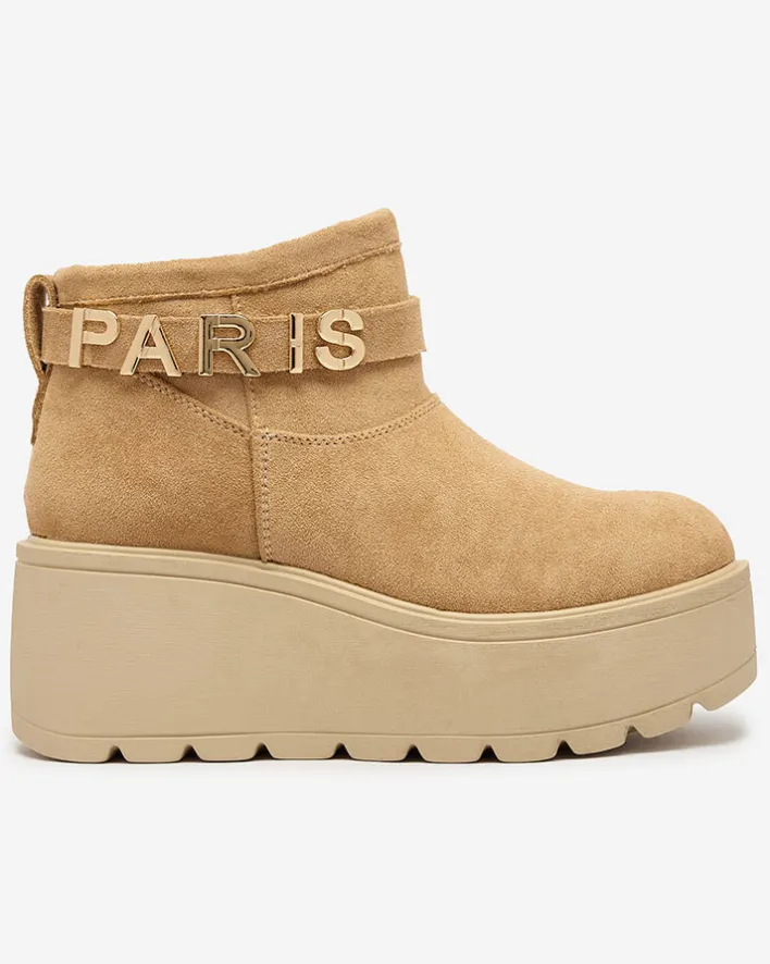 Śniegowce^Royalfashion Jasnobrązowe damskie buty a'la śniegowce z ozdobą Parisela brązowy