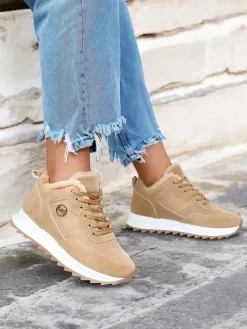 Ocieplane|Sneakersy^Royalfashion Jasnobrązowe buty sportowe damskie z ociepleniem Lahho jasny brązowy