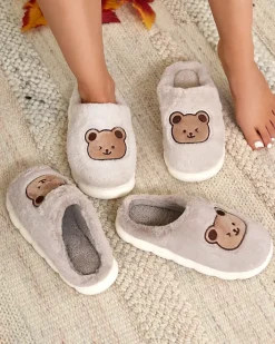 Kapcie^Royalfashion Jasnoszare damskie futrzane kapcie z misiem Hettres Jasny szary