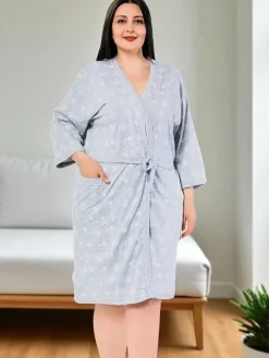 Szlafroki|Plus Size^Royalfashion Jasnoszary damski bawełniany szlafrok w serduszka PLUS SIZE