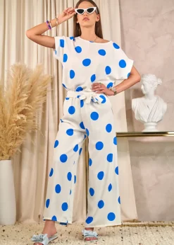 Komplety Damskie^Royalfashion Kobaltowo - biały damski komplet w groszki kobaltowy
