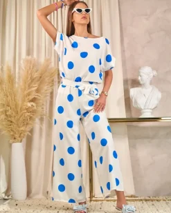 Komplety Damskie^Royalfashion Kobaltowo - biały damski komplet w groszki kobaltowy