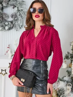 Bluzki / Koszule / Koszulki^Royalfashion Koszula damska z cyrkoniami Bordowy