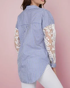 Bluzki / Koszule / Koszulki^Royalfashion Koszula damska w paski z koronką Granatowy