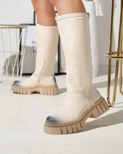 Kozaki Na Płaskim Obcasie|Kozaki Z Ociepleniem^Royalfashion owe damskie kozaki do połowy łydki Astaroth krem