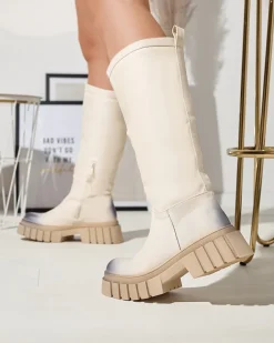 Kozaki Na Płaskim Obcasie|Kozaki Z Ociepleniem^Royalfashion owe damskie kozaki do połowy łydki Astaroth krem