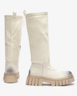 Kozaki Na Płaskim Obcasie|Kozaki Z Ociepleniem^Royalfashion owe damskie kozaki do połowy łydki Astaroth krem