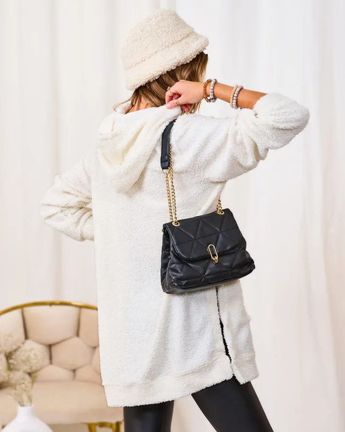 Bluzy|Swetry^Royalfashion owy długi sweter damski z kapturem krem