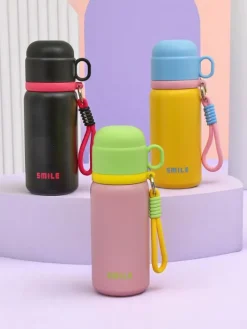 Akcesoria^Royalfashion Kubek termiczny termos z kubeczkiem Happy Smile różowy