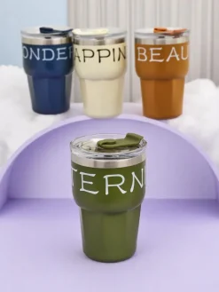 Akcesoria^Royalfashion Kubek termiczny ze słomką Beautiful zielony