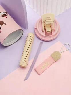 Akcesoria^Royalfashion Kubek termiczny z koszyczkiem, słomką i ustnikiem Happy Dog różowy